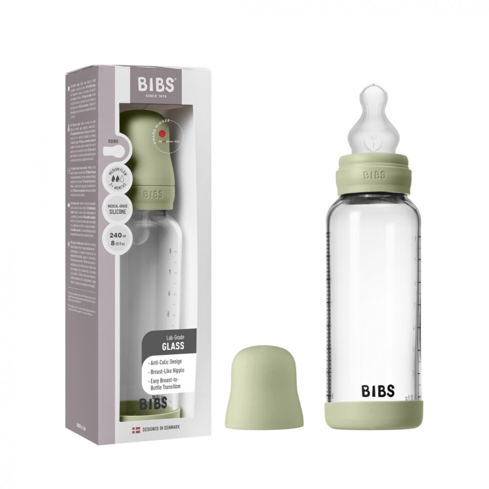 BIBS Set complet biberon din sticla anticolici cu tetina din silicon flux mediu 240 ml Sage