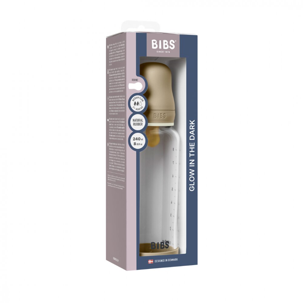 BIBS Set complet biberon fosforescent din sticla anticolici cu tetina din latex flux mediu 240 ml Vanilla Glow