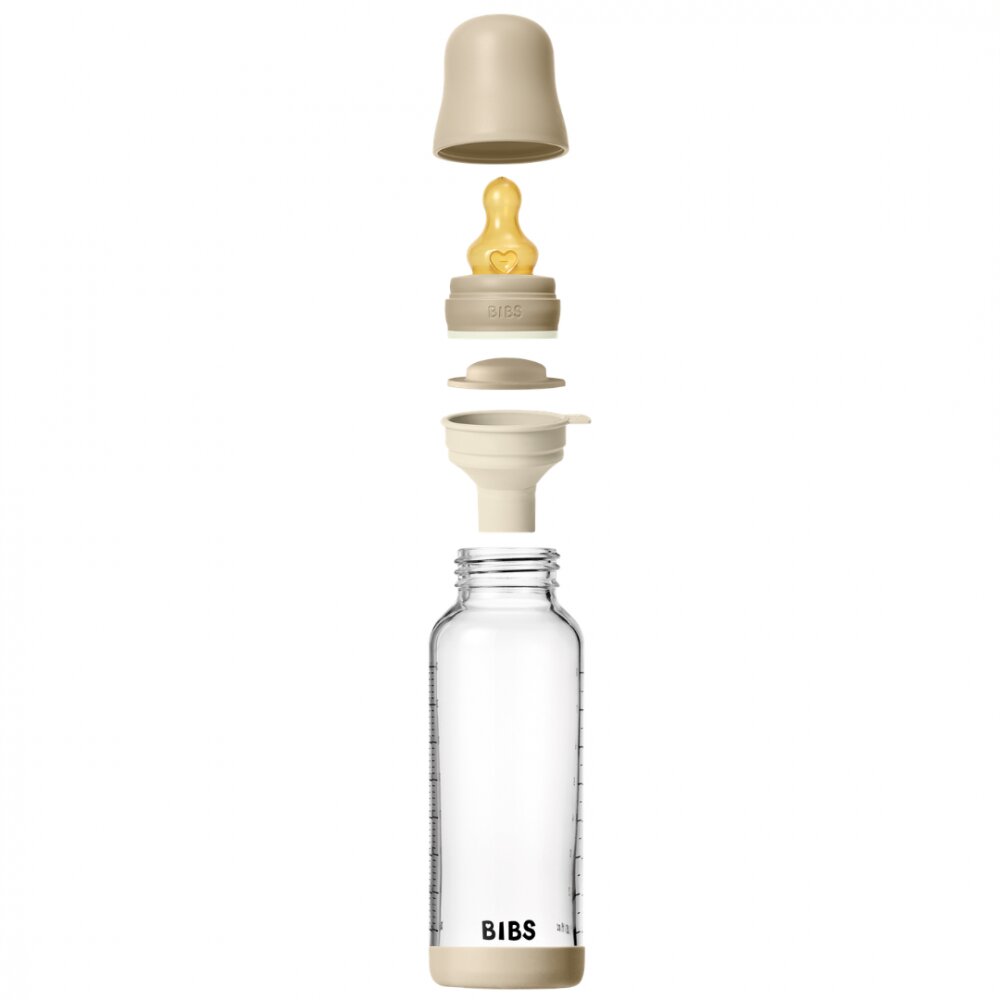 BIBS Set complet biberon fosforescent din sticla anticolici cu tetina din latex flux mediu 240 ml Vanilla Glow