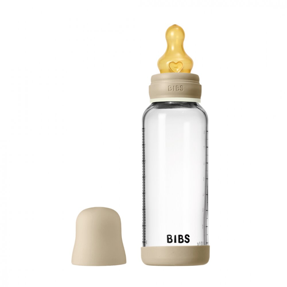 BIBS Set complet biberon fosforescent din sticla anticolici cu tetina din latex flux mediu 240 ml Vanilla Glow