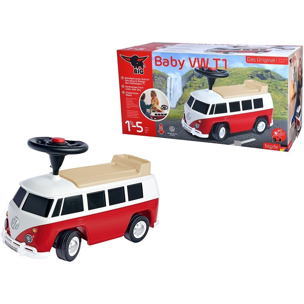 BIG Masinuta copii fara pedale Baby VW T1 red cu roti silentioaselicenta Volkswagenpotrivita copiilor cu varsta intre 15 si 5 anisezut lat si detasabil spatiu de depozitare jucarii volan cu claxon