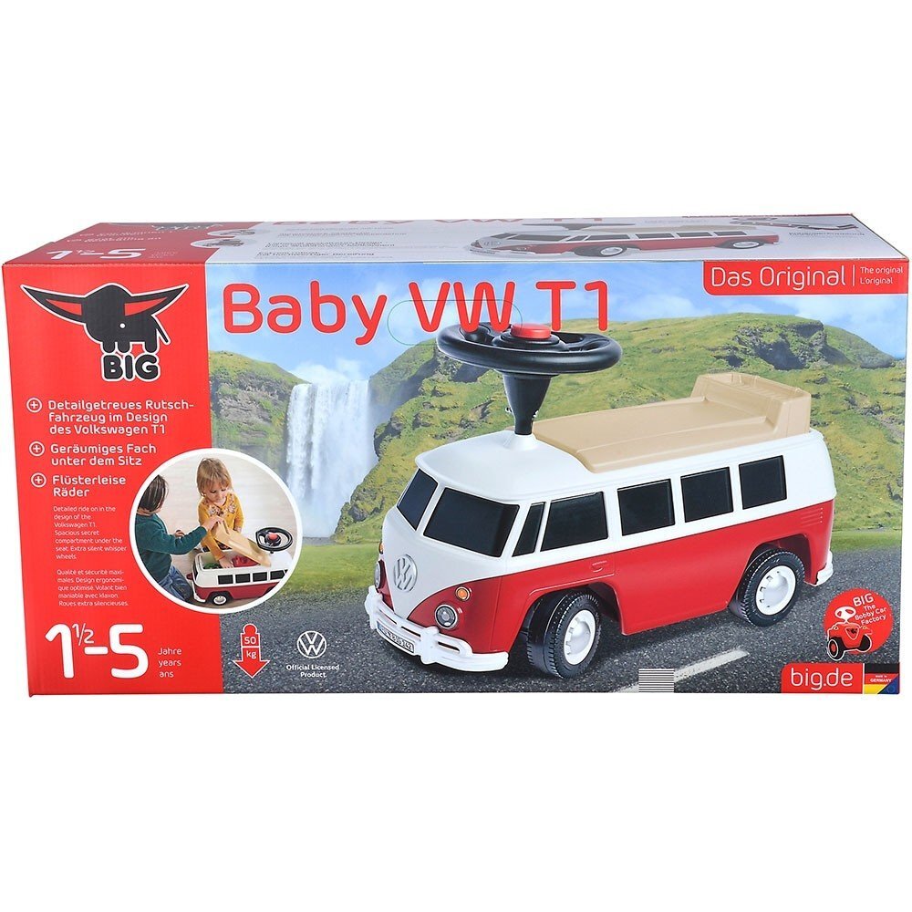 BIG Masinuta copii fara pedale Baby VW T1 red cu roti silentioaselicenta Volkswagenpotrivita copiilor cu varsta intre 15 si 5 anisezut lat si detasabil spatiu de depozitare jucarii volan cu claxon