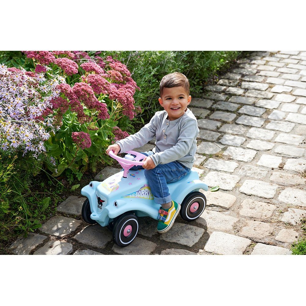 BIG Masinuta pentru copii fara pedale Bobby Car Classic Unicorn cu roti robustesezut ergonomic volan cu claxonsistem de cuplaj a unei remorci in fata si in spate de la 1 an pana la greutate maxima admisa 50 kg