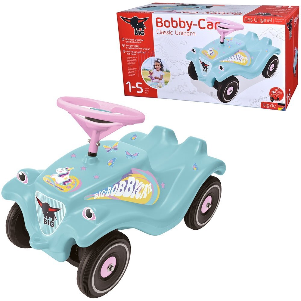BIG Masinuta pentru copii fara pedale Bobby Car Classic Unicorn cu roti robustesezut ergonomic volan cu claxonsistem de cuplaj a unei remorci in fata si in spate de la 1 an pana la greutate maxima admisa 50 kg