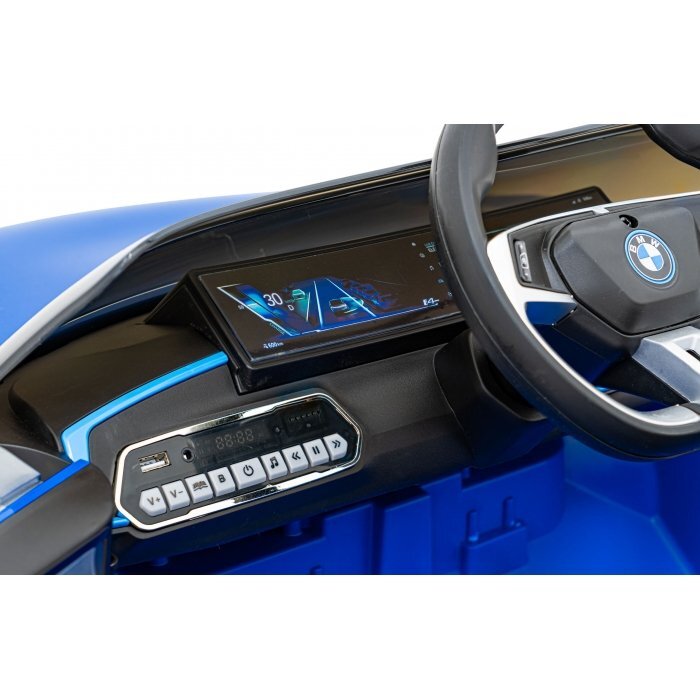 BMW Masinuta electrica pentru copii I4 albastru 50W cu telecomanda suspensii panou audio scaun piele si roti din spuma Eva