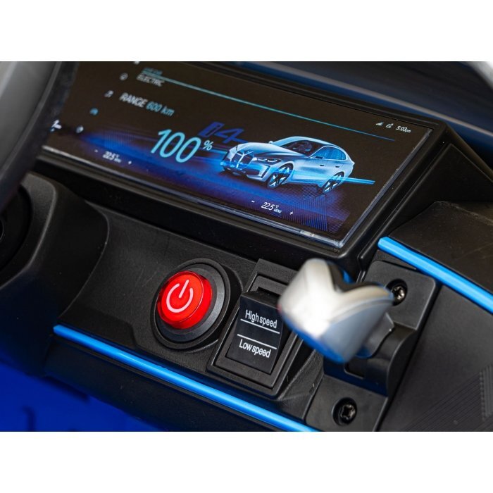 BMW Masinuta electrica pentru copii I4 albastru 50W cu telecomanda suspensii panou audio scaun piele si roti din spuma Eva