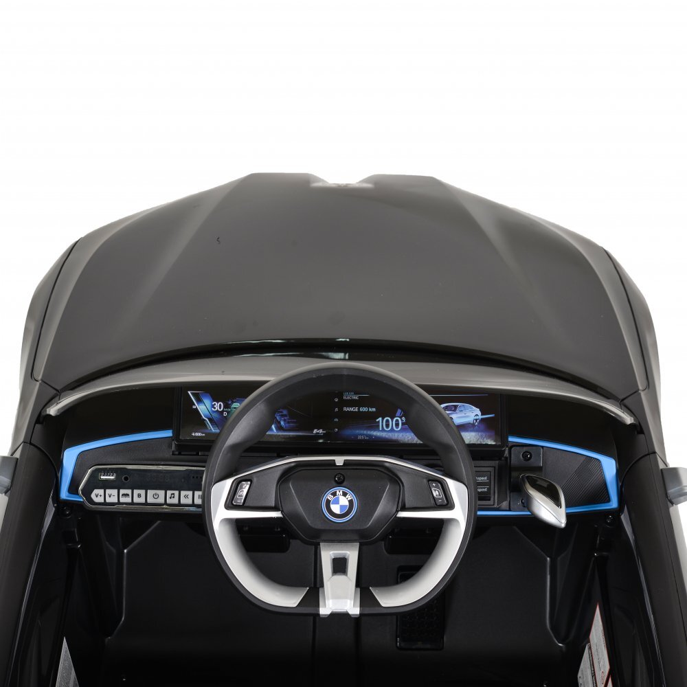 BMW Masinuta electrica pentru copii I4 Negru 12V 70W cu echipare premium deschidere usi si licenta panou audio roti din spuma Eva pornire la buton scaun piele si telecomanda