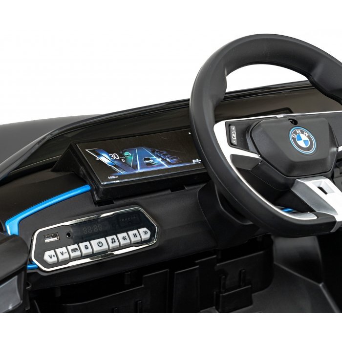 BMW Masinuta electrica pentru copii I4 negru 50W cu telecomanda suspensii panou audio scaun piele si roti din spuma Eva