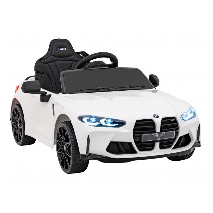 BMW Masinuta electrica pentru copii M4 alb 70W cu telecomanda amortizoare lumini panou audio scaun piele si roti din spuma Eva