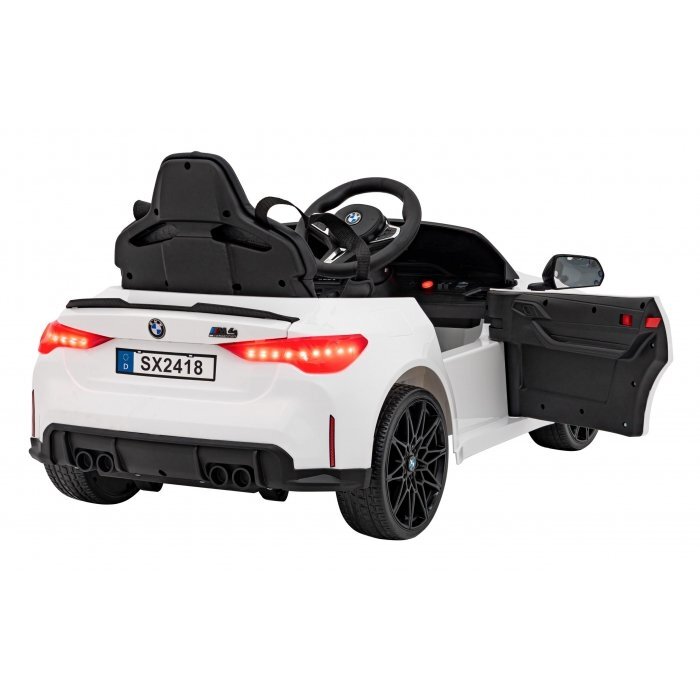 BMW Masinuta electrica pentru copii M4 alb 70W cu telecomanda amortizoare lumini panou audio scaun piele si roti din spuma Eva