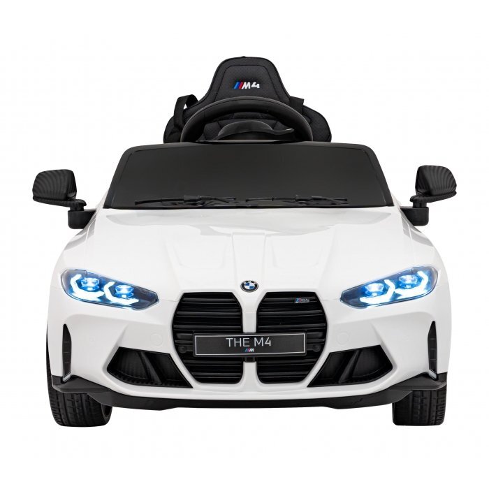 BMW Masinuta electrica pentru copii M4 alb 70W cu telecomanda amortizoare lumini panou audio scaun piele si roti din spuma Eva