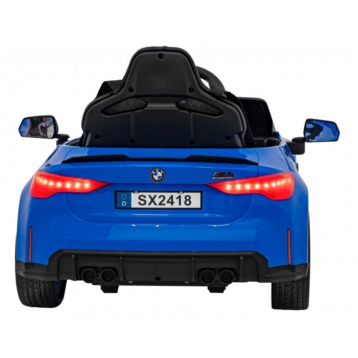BMW Masinuta electrica pentru copii M4 albastru 70W cu telecomanda amortizoare lumini panou audio scaun piele si roti din spuma Eva