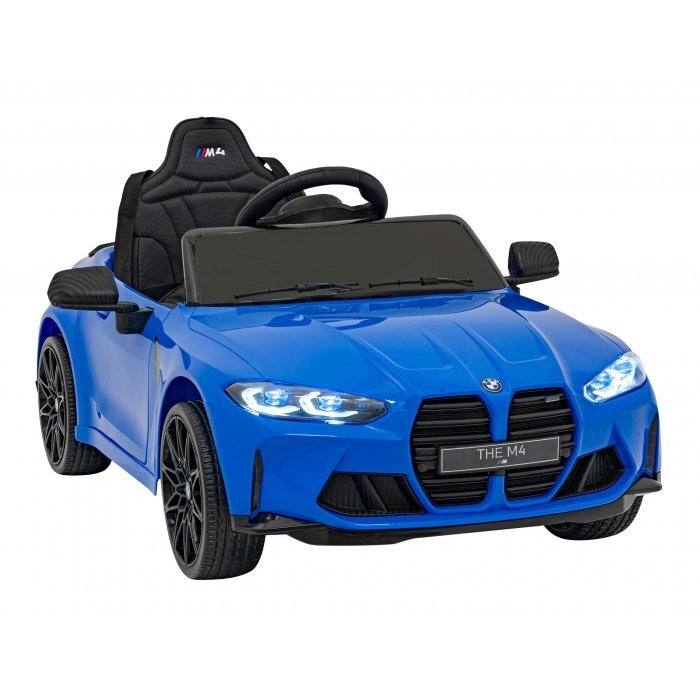 BMW Masinuta electrica pentru copii M4 albastru 70W cu telecomanda amortizoare lumini panou audio scaun piele si roti din spuma Eva