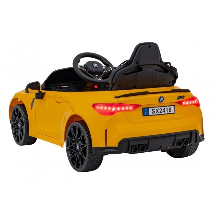 BMW Masinuta electrica pentru copii M4 galben70W cu telecomanda amortizoare lumini panou audio scaun piele si roti din spuma Eva