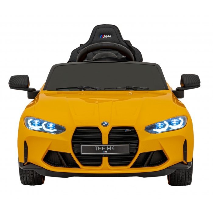 BMW Masinuta electrica pentru copii M4 galben70W cu telecomanda amortizoare lumini panou audio scaun piele si roti din spuma Eva
