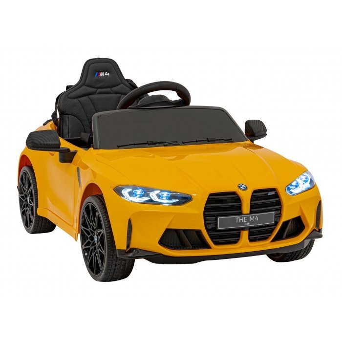 BMW Masinuta electrica pentru copii M4 galben70W cu telecomanda amortizoare lumini panou audio scaun piele si roti din spuma Eva