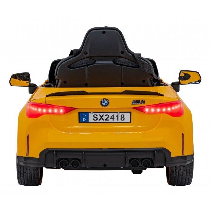 BMW Masinuta electrica pentru copii M4 galben70W cu telecomanda amortizoare lumini panou audio scaun piele si roti din spuma Eva