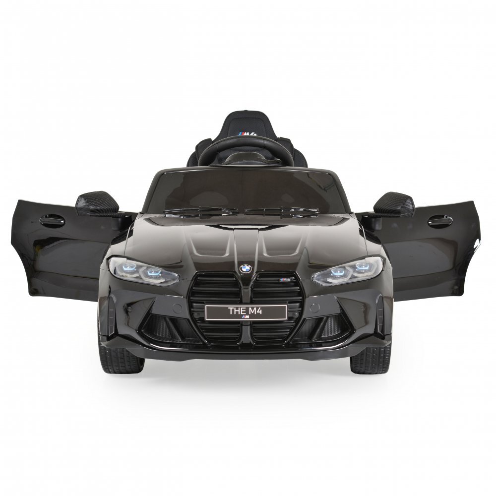 BMW Masinuta electrica pentru copii M4 Painted Black 12V 90W cu echipare premium deschidere usi si licenta panou audio roti din spuma Eva pornire la buton lumini si telecomanda