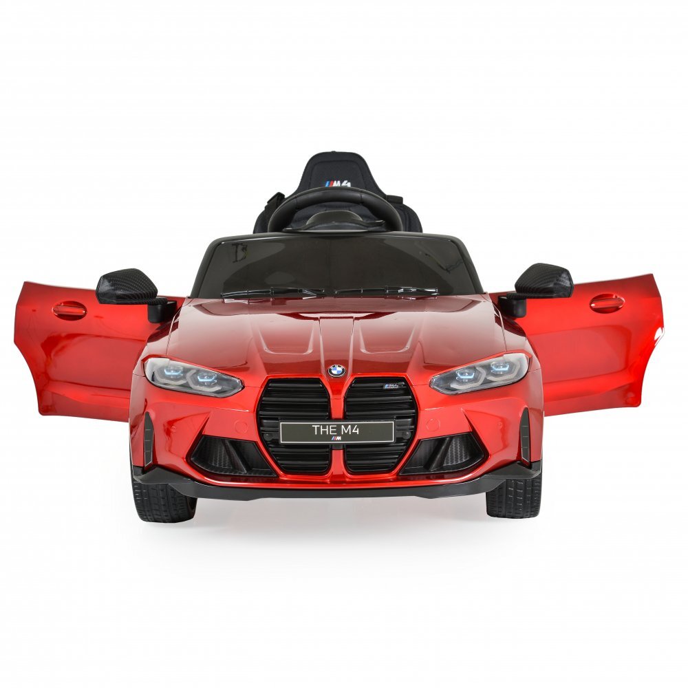 BMW Masinuta electrica pentru copii M4 Painted Red 12V 90W cu echipare premium deschidere usi si licenta panou audio roti din spuma Eva pornire la buton lumini si telecomanda