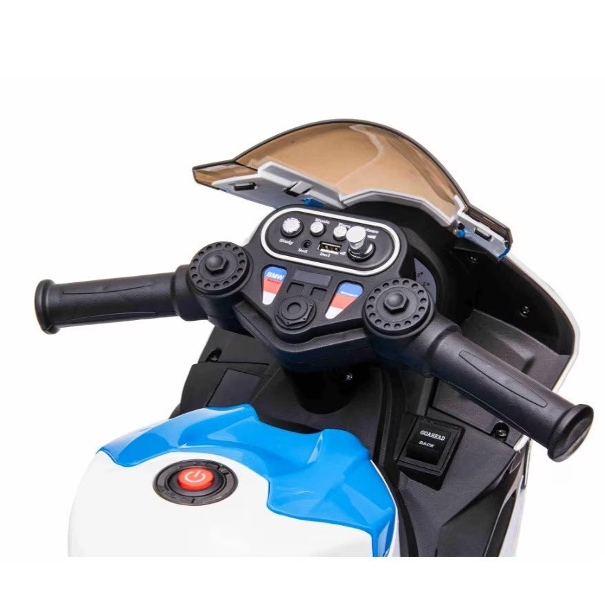 BMW Motocicleta electrica pentru copii HP4 Albastru 84x55x42 cm varsta 2-5 ani roti si scaun din plastic putere 60W