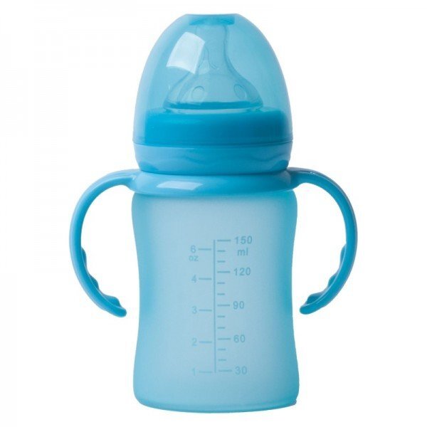 BO Jungle Biberon termo din sticla acoperita de silicon cu indicator de temperatura 150 ml albastru