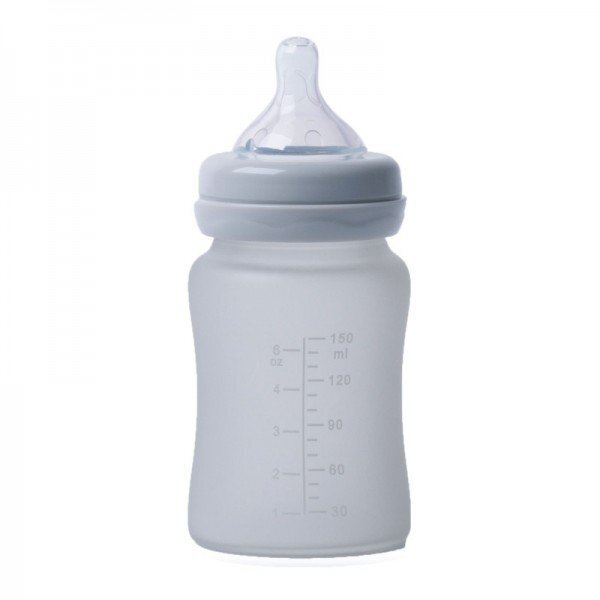 BO Jungle Biberon termo din sticla acoperita de silicon cu indicator de temperatura 150 ml gri