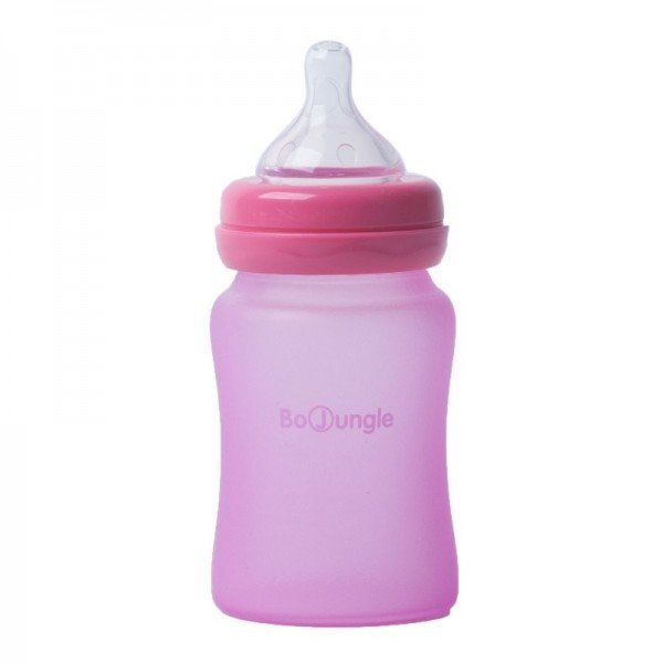BO Jungle Biberon termo din sticla acoperita de silicon cu indicator de temperatura 150 ml roz