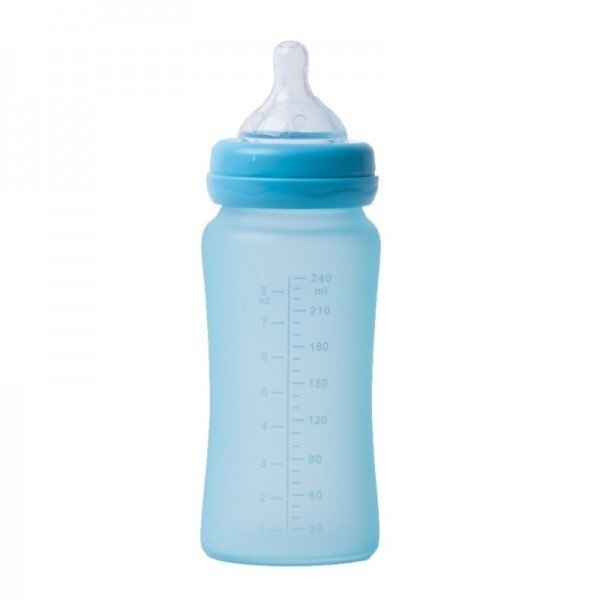 BO Jungle Biberon termo din sticla acoperita de silicon cu indicator de temperatura 300 ml albastru