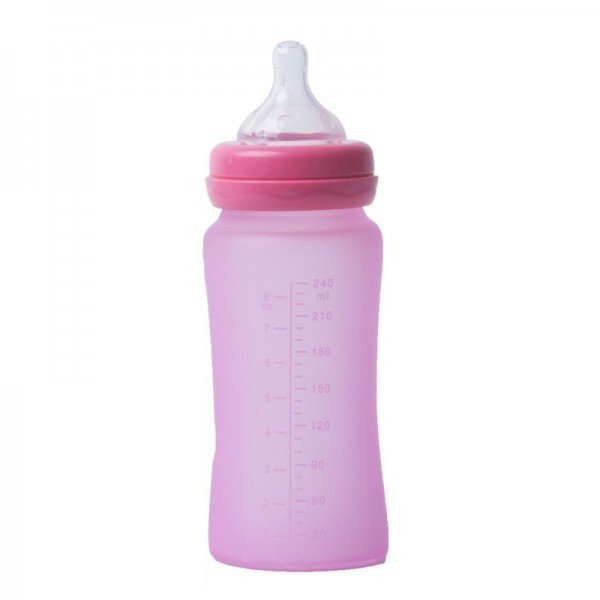 BO Jungle Biberon termo din sticla acoperita de silicon cu indicator de temperatura 300 ml Roz