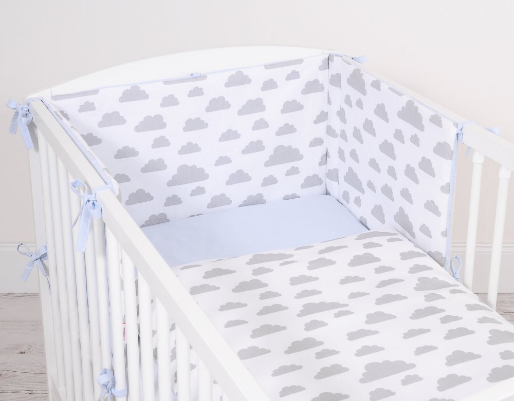 Bobono Lenjerie patut 3 piese cu protectie laterala si doua fete Clouds Gray Blue