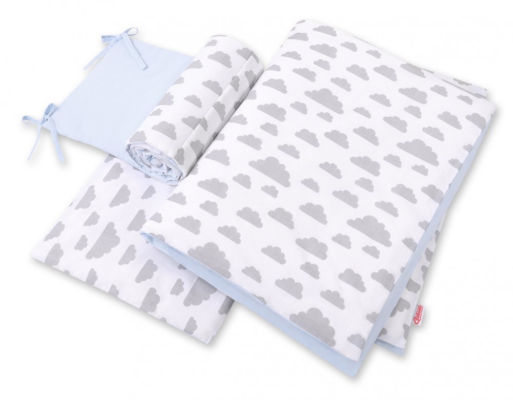 Bobono Lenjerie patut 3 piese cu protectie laterala si doua fete Clouds Gray Blue