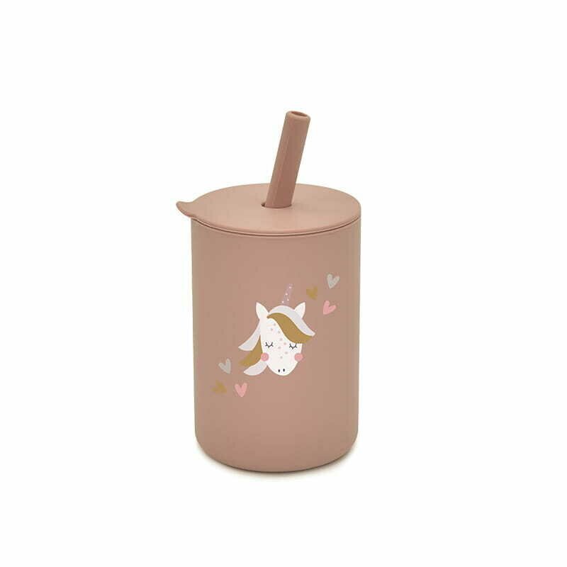 Bocioland Cana din silicon Unicorn cu pai capacitate 150 ml fara BPA recomandata de la 6 luni