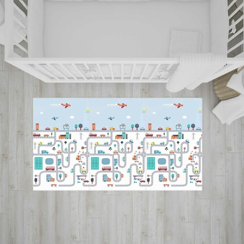 Bocioland Covoras de joaca pliabil City 200x150x1 cm cu doua fetesuprafata impermeabila antiderapanta din spuma XPEhusa depozitare cu maner