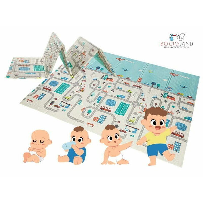 Bocioland Covoras de joaca pliabil City 200x150x1 cm cu doua fetesuprafata impermeabila antiderapanta din spuma XPEhusa depozitare cu maner