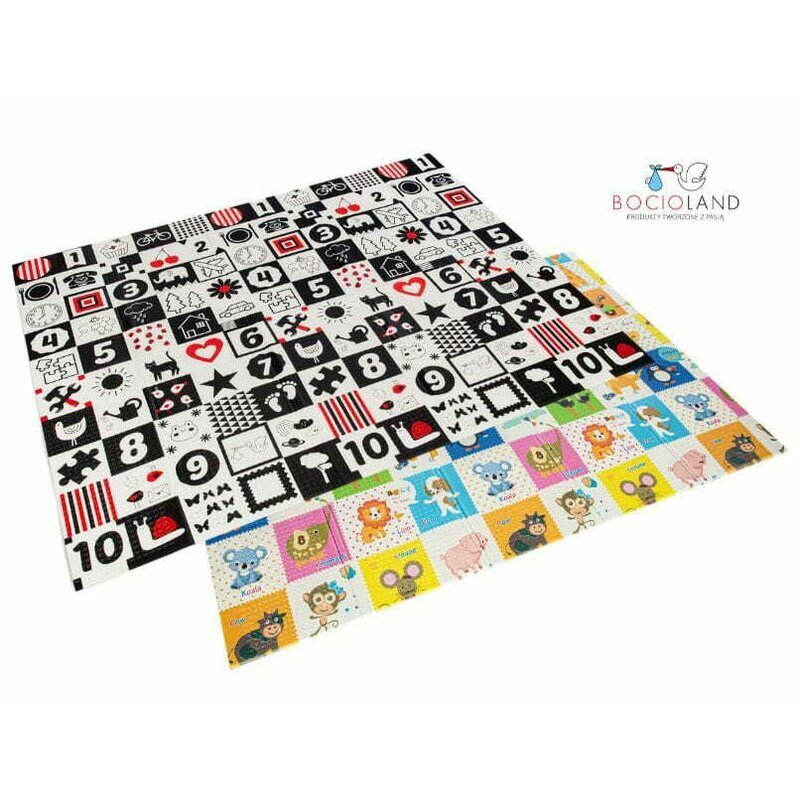 Bocioland Covoras de joaca pliabil Happy Day 200x150x1 cm cu doua fetesuprafata impermeabila antiderapanta din spuma XPEhusa depozitare cu maner