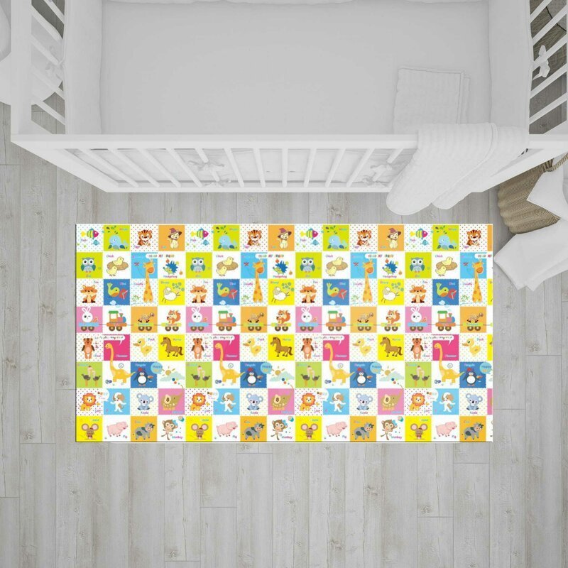 Bocioland Covoras de joaca pliabil Happy Day 200x150x1 cm cu doua fetesuprafata impermeabila antiderapanta din spuma XPEhusa depozitare cu maner