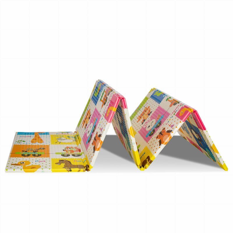Bocioland Covoras de joaca pliabil Happy Day 200x150x1 cm cu doua fetesuprafata impermeabila antiderapanta din spuma XPEhusa depozitare cu maner