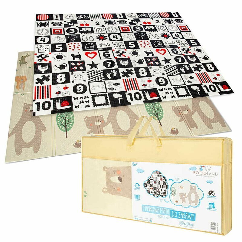 Bocioland Covoras de joaca pliabil Little Bear 200x150x1 cm cu doua fetesuprafata impermeabila antiderapanta din spuma XPEhusa depozitare cu maner