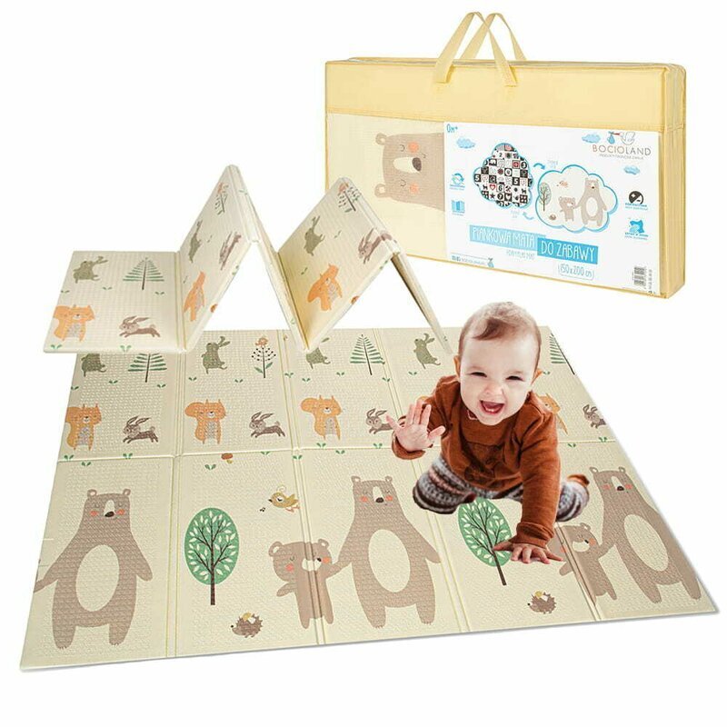 Bocioland Covoras de joaca pliabil Little Bear 200x150x1 cm cu doua fetesuprafata impermeabila antiderapanta din spuma XPEhusa depozitare cu maner