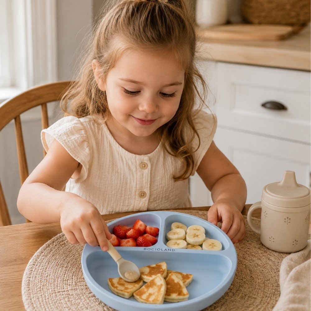 Bocioland Farfurie din silicon pentru copii Blue cu 3 compartimente si 4 ventuze de fixare dimensiune 19.3 x 3 cm