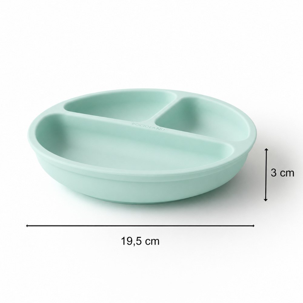 Bocioland Farfurie din silicon pentru copii Mint cu 3 compartimente si 4 ventuze de fixare dimensiune 19.3 x 3 cm