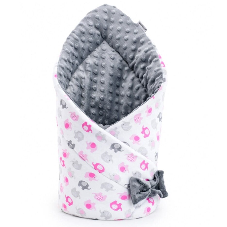 Bocioland Paturica multifunctionala de infasat bebelusi Minky Pink elephant 80x80 cm cu 2 fete din bumbac 100 fixare cu fundita asortata