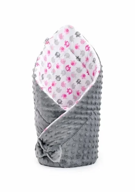 Bocioland Paturica multifunctionala de infasat bebelusi Minky Pink elephant 80x80 cm cu 2 fete din bumbac 100 fixare cu fundita asortata