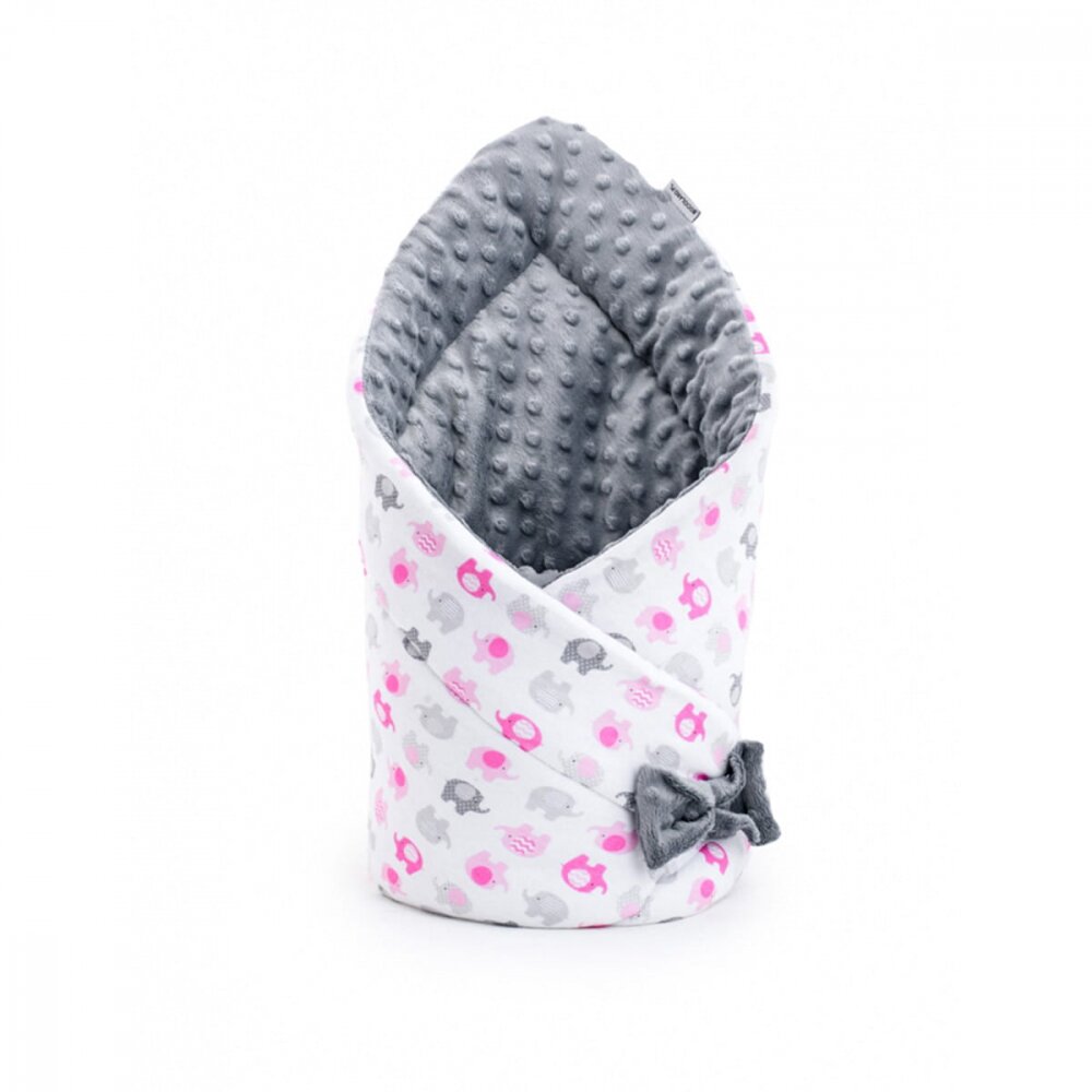 Bocioland Paturica multifunctionala de infasat bebelusi Minky Pink elephant 80x80 cm cu 2 fete din bumbac 100 fixare cu fundita asortata