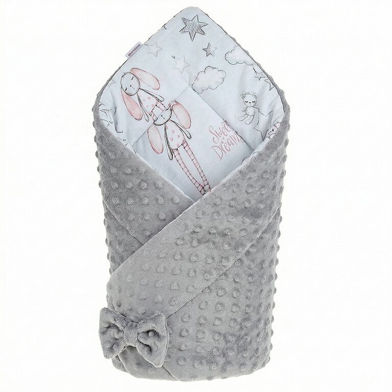 Bocioland Paturica multifunctionala de infasat bebelusi Minky Sleeping Bunny 80x80 cm cu 2 fete din bumbac 100 fixare cu fundita asortata