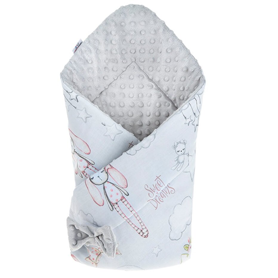 Bocioland Paturica multifunctionala de infasat bebelusi Minky Sleeping Bunny 80x80 cm cu 2 fete din bumbac 100 fixare cu fundita asortata