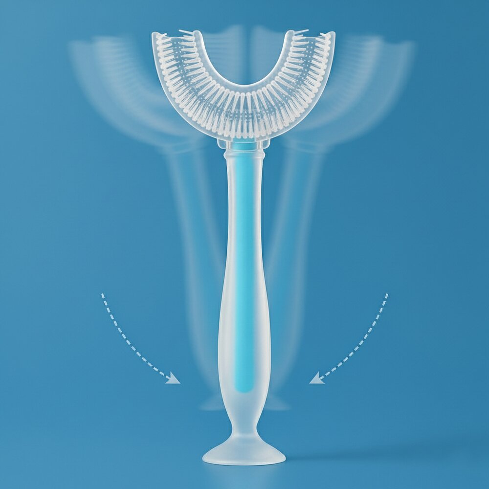 Bocioland Periuta de dinti pentru bebelusi Albastru cu forma speciala peri din silicon alimentar maner ergonomic cu ventuza
