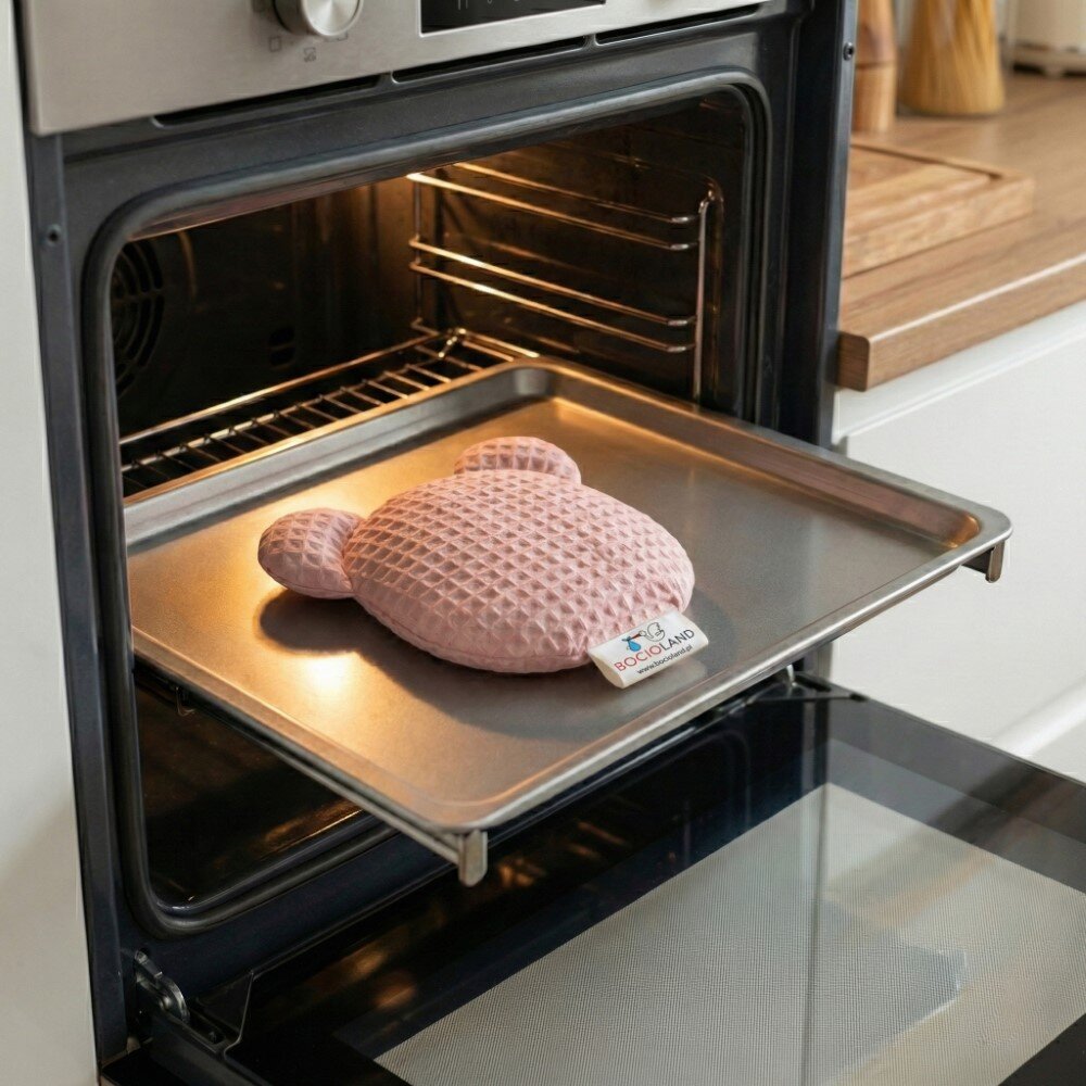 Bocioland Pernuta anticolici cu samburi de cirese si lavanda Teddy Roz diametru 14 cmhusa din bumbac 100 cu textura waffle utilizare rececald