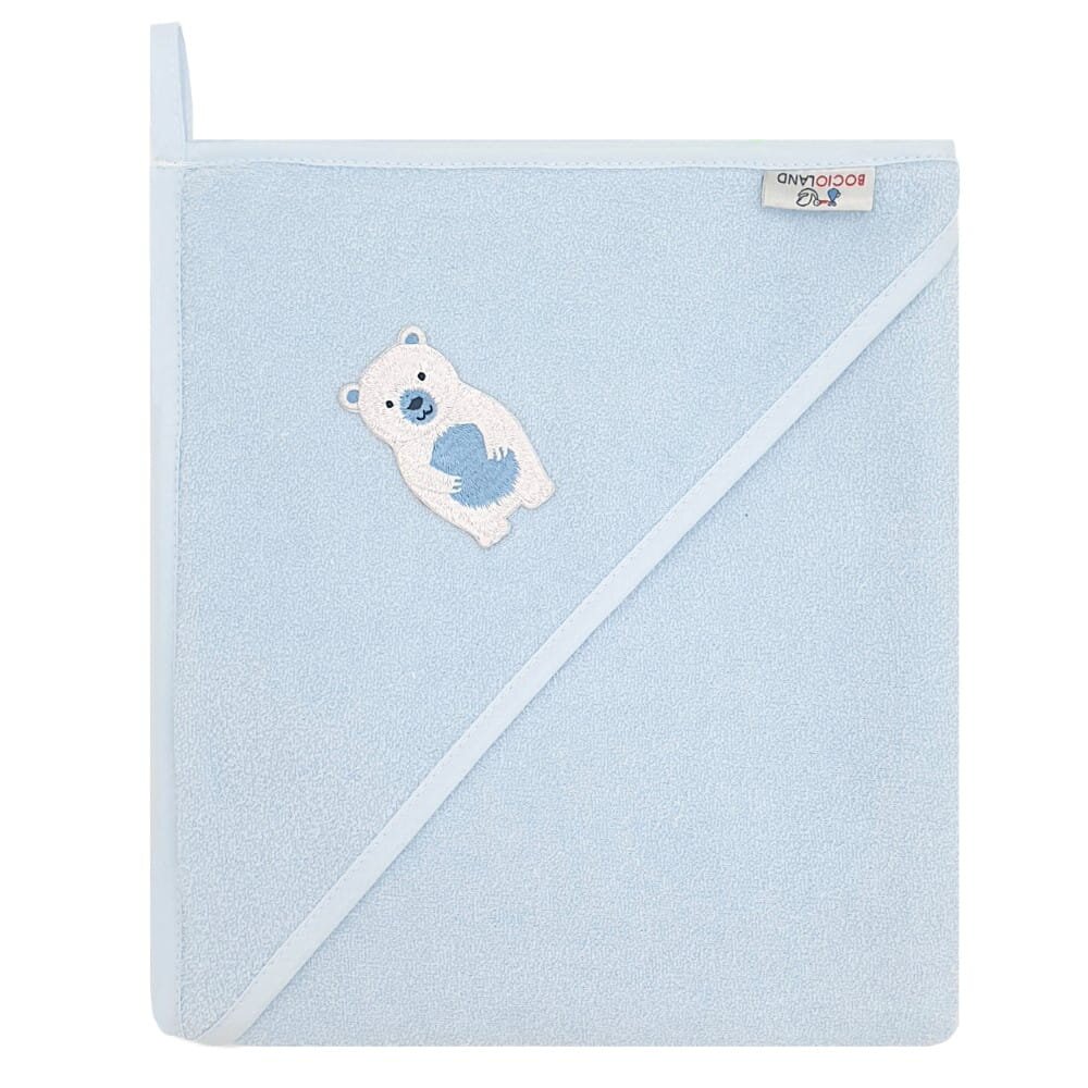 Bocioland Prosop de baie pentru copii Blue Polar bear 100x100 cmdin bumbac 100 prevazut cu capison decorat cu broderie vesela