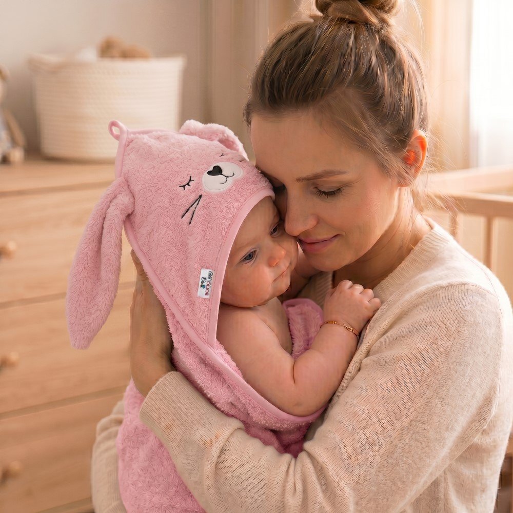 Bocioland Prosop din bumbac terry pentru copii Bunny Pink 95x95 cmgluga brodataurechi decorative100 bumbac